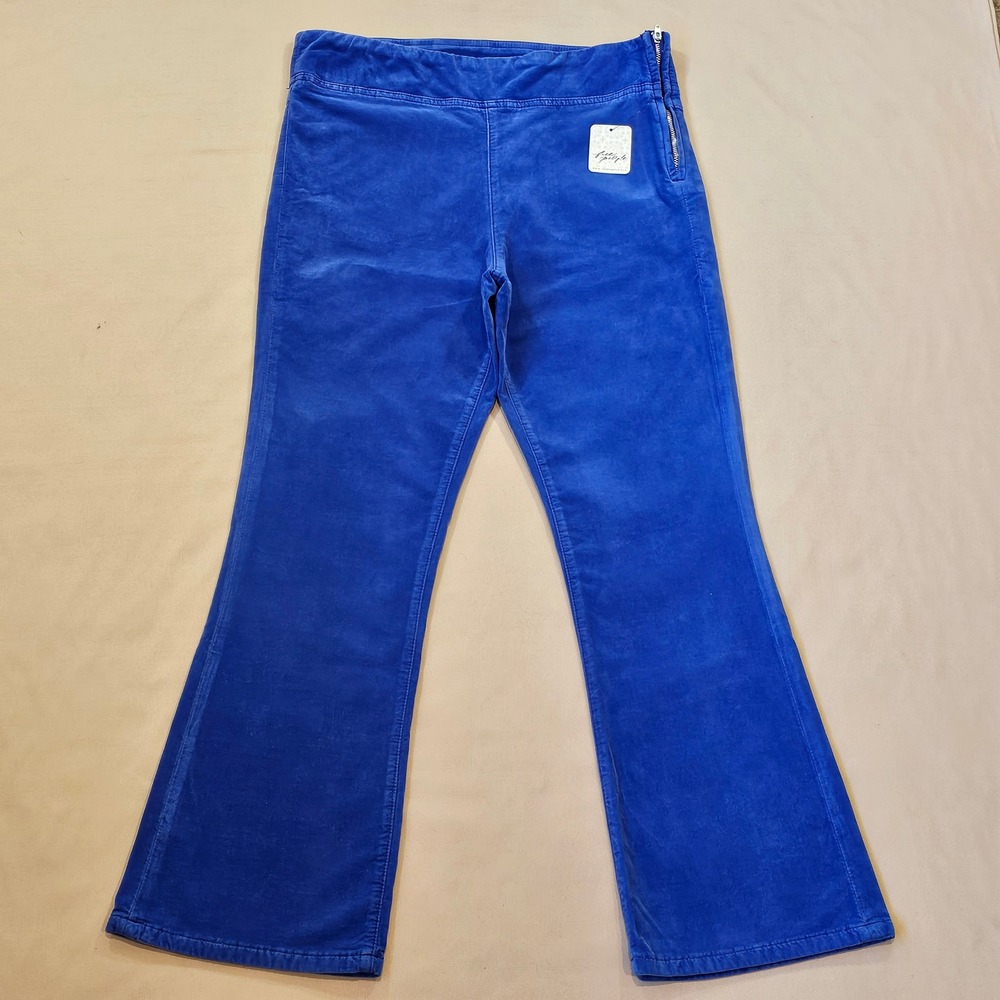 Free People Bluing Velour Flare Pants Blue High Rise Side Zip OB1783526 Womens M